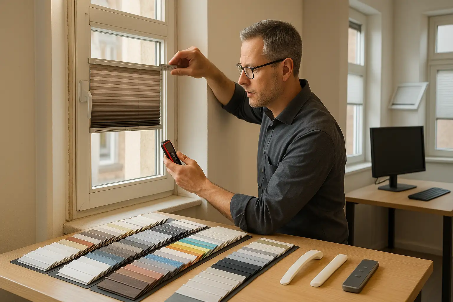 Aufmaß am Fensterrahmen mit Maßband und Notizblock