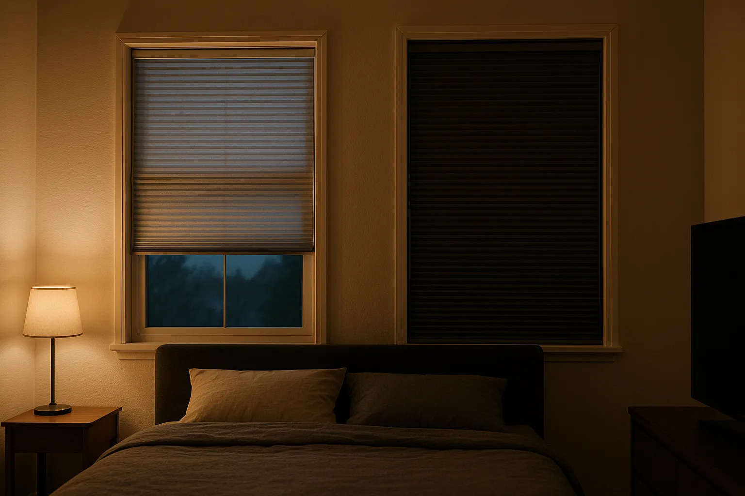 Schlafzimmer mit abdunkelndem Plissee in sanftem Abendlicht