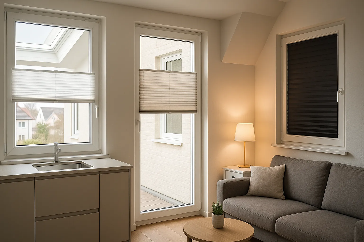 Plissee am Fenster, halb geschlossen, weiches Tageslicht