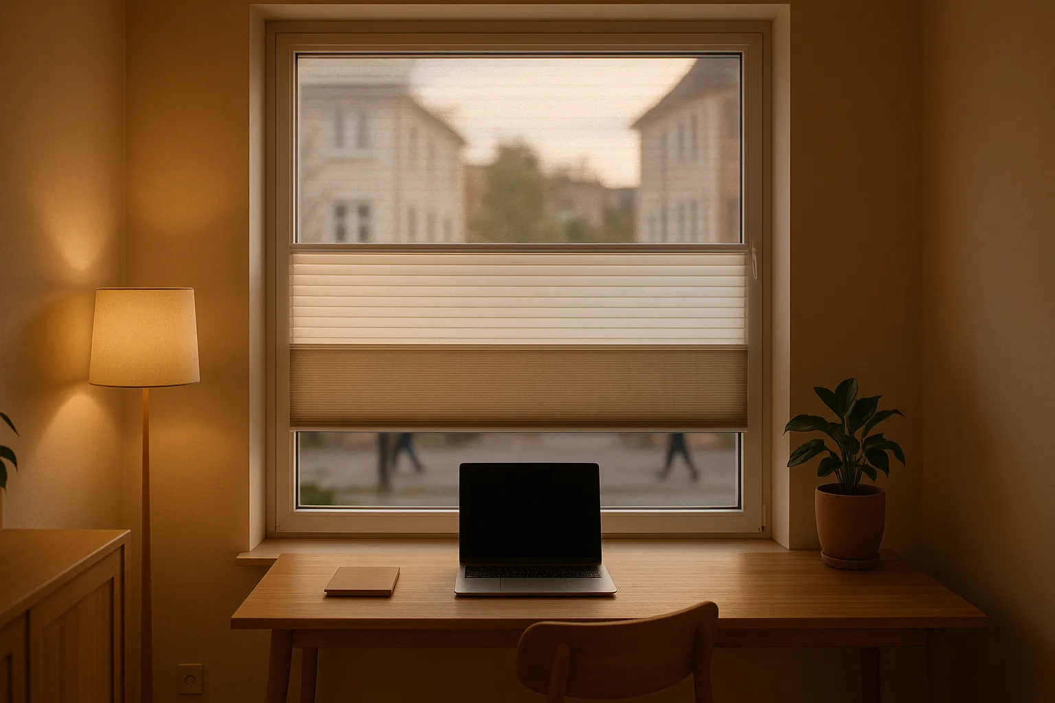 Wohnraumfenster mit Plissee auf Augenhöhe positioniert