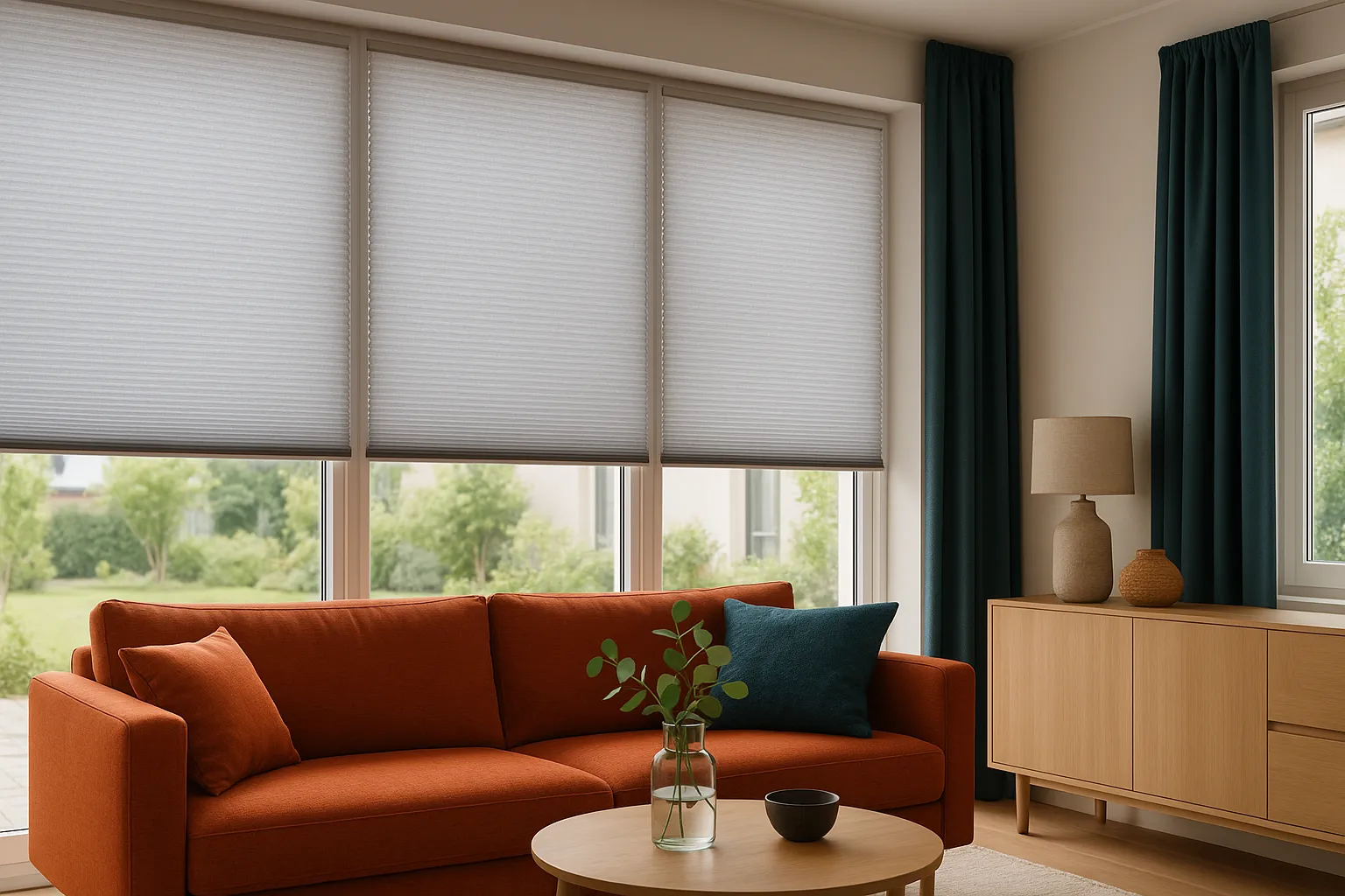 Wabenplissee mit UV-Schutz für Wärmeschutz und Energieeffizienz – Farben und Materialien vor Ausbleichen bewahren Wabenplissee mit UV-Schutz am Fenster, Wärmeschutz und Energieeffizienz im sonnigen Wohnzimmer, Farben und Materialien vor Ausbleichen geschützt