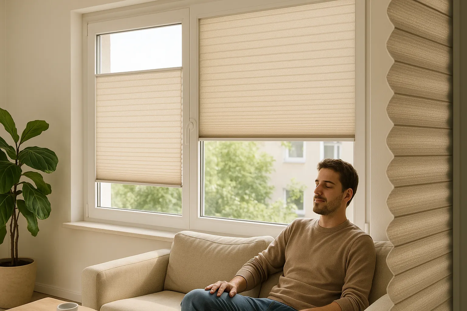 Wabenplissee Wärmeschutz und UV-Schutz für energieeffizientes Raumklima im Wohnraum Wabenplissee mit Wärmeschutz und UV-Schutz am Fenster, energieeffiziente Beschichtung, angenehmes Raumklima durch passgenaue Montage und Tageslichtregulierung im Wohnzimmer