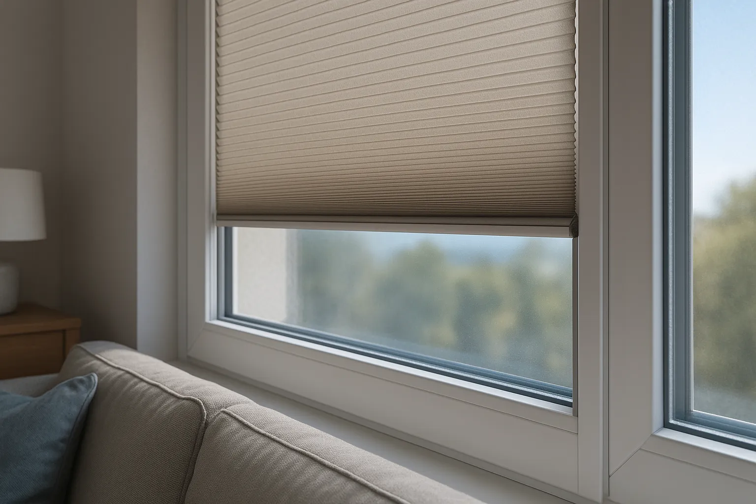 Wabenplissee Wärmeschutz mit präziser Montage gegen Randströmungen und UV-Schutz an der Glasfläche Wärmeschutz und Energieeffizienz am Fenster mit präzise montierten Wabenplissees, seitlichen Führungsschienen, Dichtungen und beschichtetem Glas für UV-Schutz und stabiles Raumklima